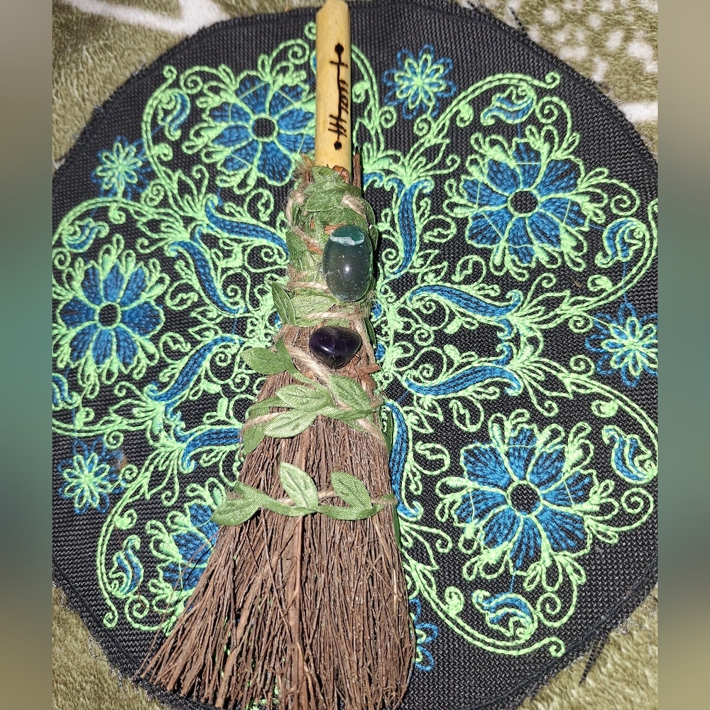 Decorative/Ritual Mini Besom with Green and Brown Gemstones
